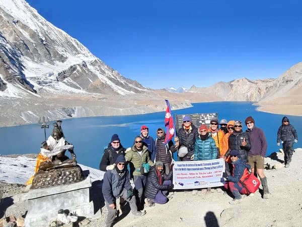 Stunning Turquoise Tilicho Lake Rugged Peaks Floating Ice