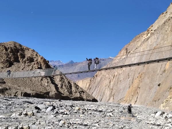 Suspension Bridge Swaying Above A River With Trekkers Cautiously Crossing