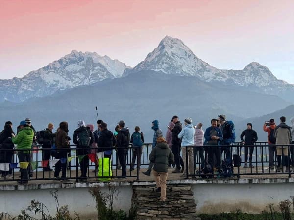 Trekkers Enjoying The Sunrise Over The–himalayas From–poon Hill